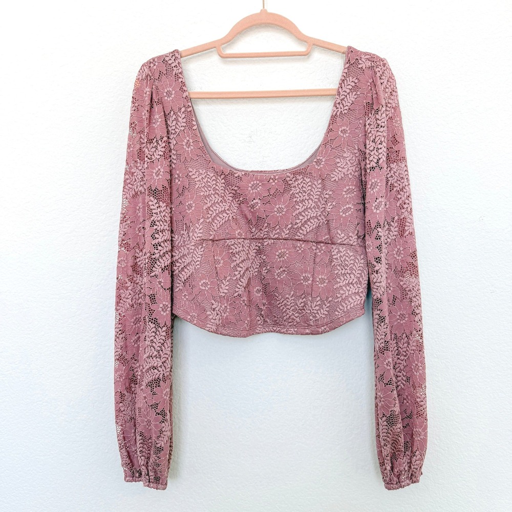 Altar'd State Womens‎ Top Sz XL Pink Lace Long Sleeve Milkmaid Coquette Romantic